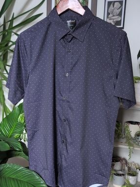 Shirtcraft Performance Short-Sleeve Navy Button-Down with White Microdots